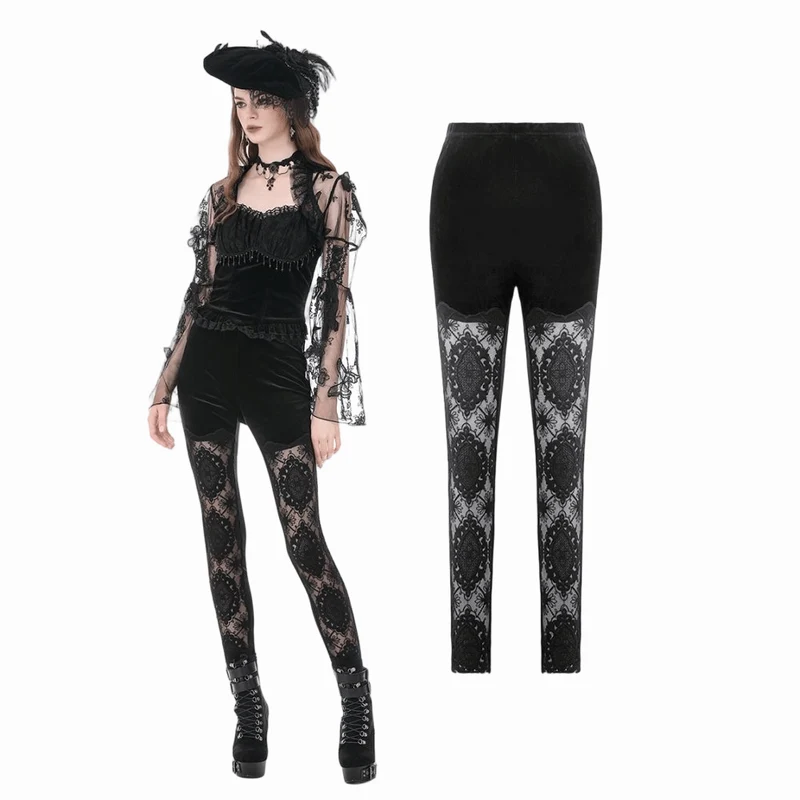 Gothic-Leggings für Damen mit bestickter, transparenter Spitze und Patchwork-Details