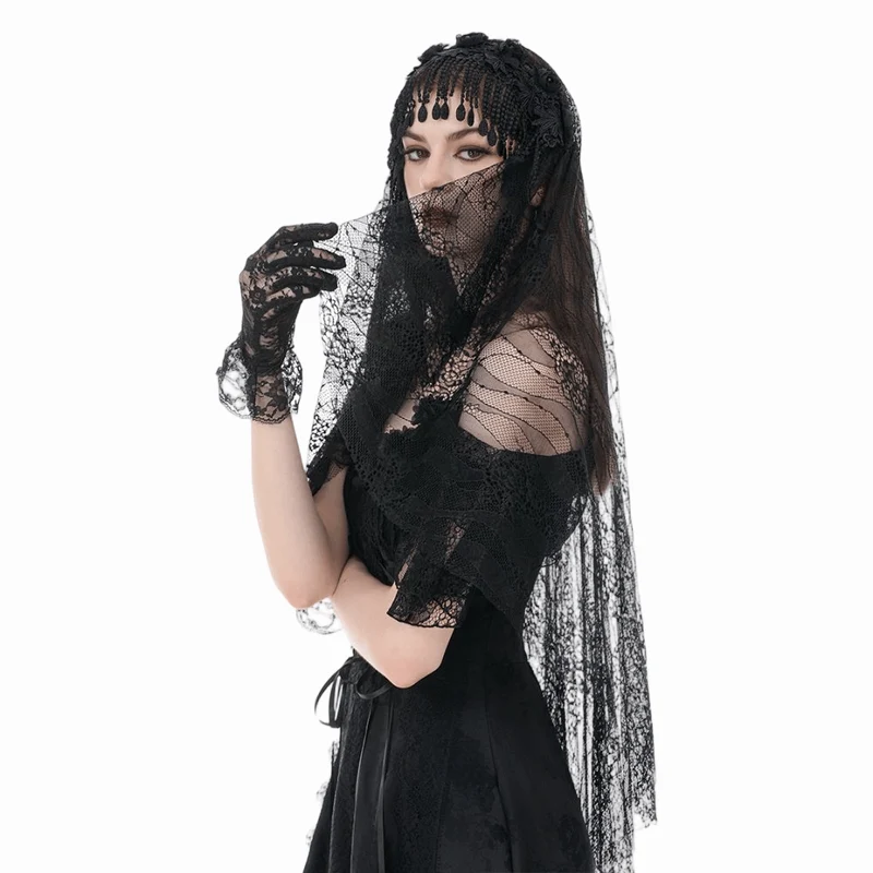 Gothic-Schleier mit Blumenmuster und Quasten für Damen