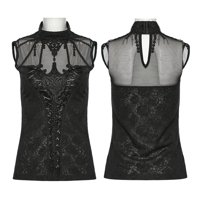 Frauen Gothic Floral Jacquard Mesh Colorblock ärmellose Oberteile