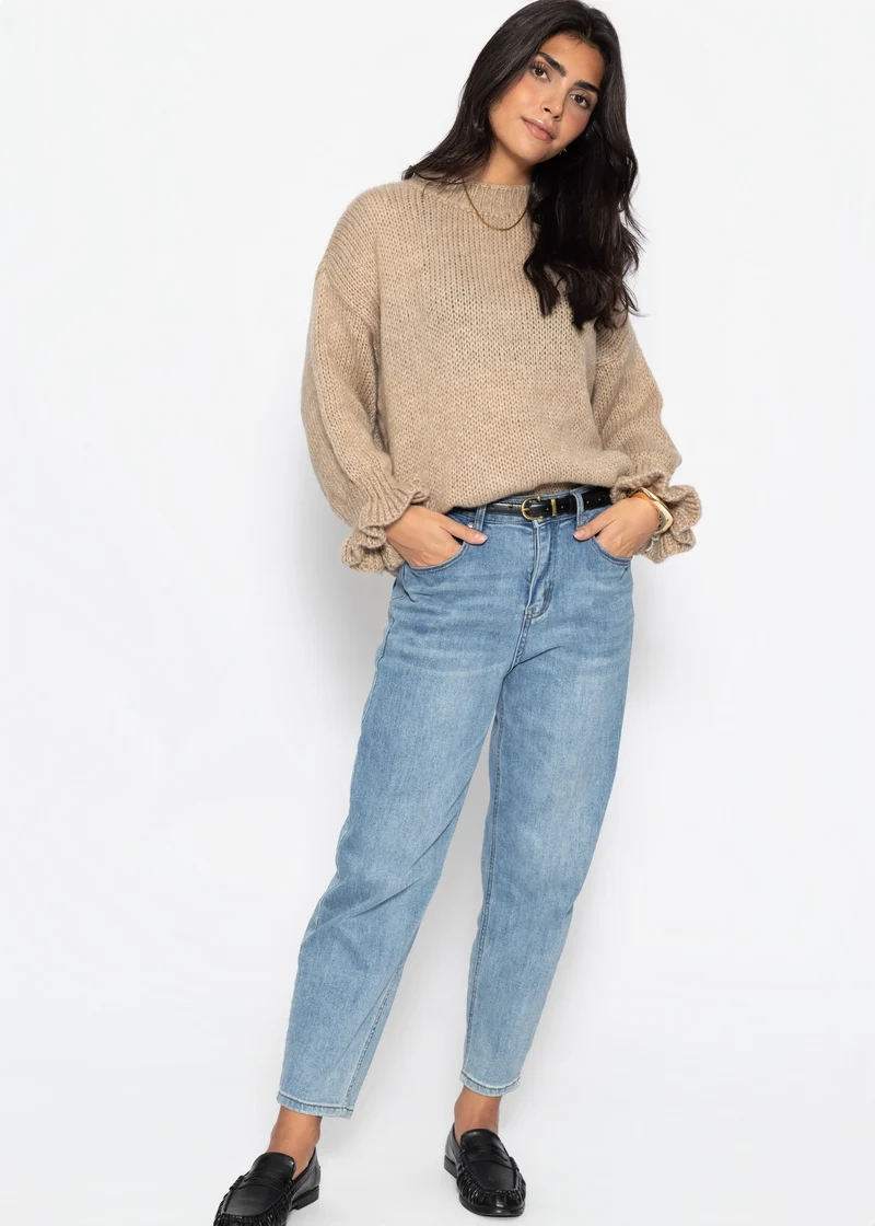 Strickpullover mit Rüschenärmeln - beige