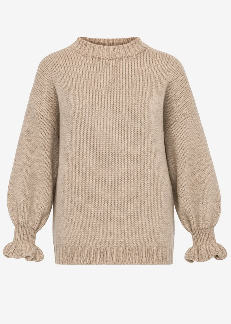 Strickpullover mit Rüschenärmeln - beige
