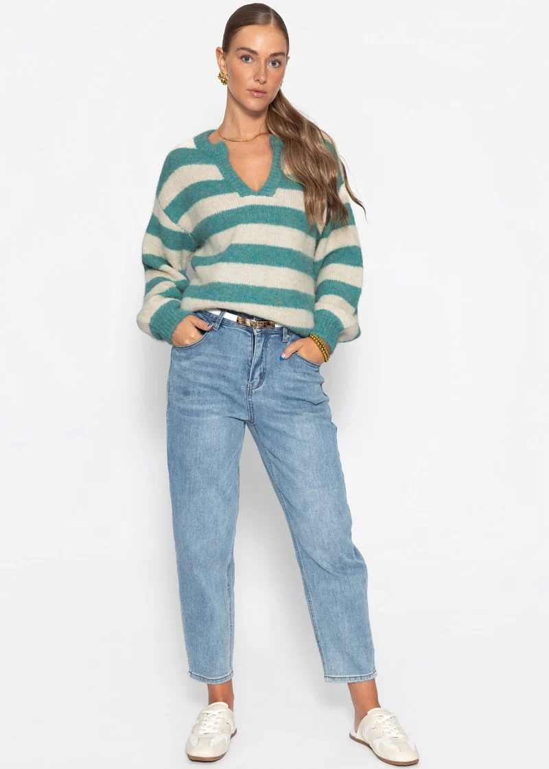 Gestreifter Pullover mit Blende - petrol-offwhite