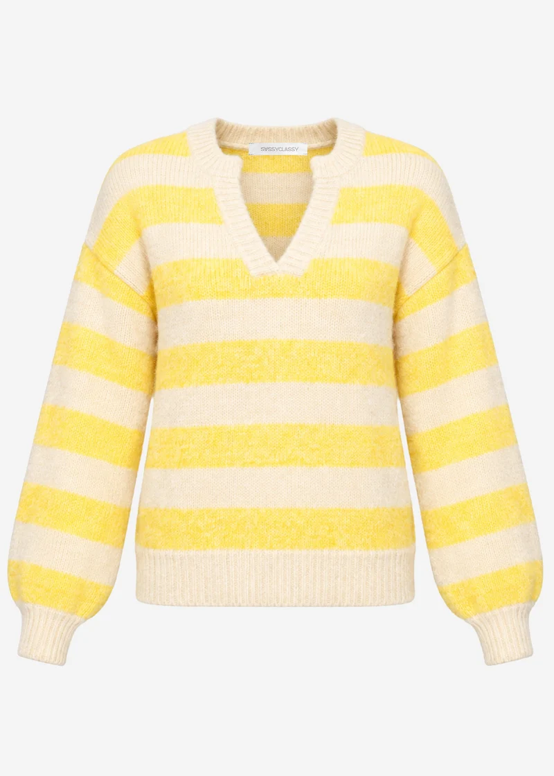 Gestreifter Pullover mit Blende - gelb-beige