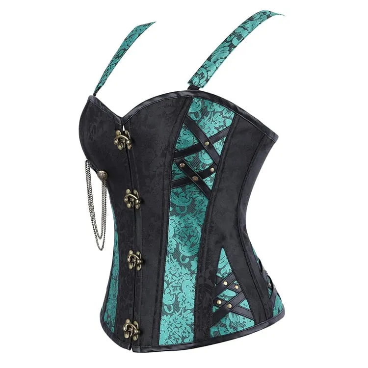 Gothic-Korsett für Damen, zweifarbig, mit floralem Jacquardmuster, Schnürung und Überbrustumfang