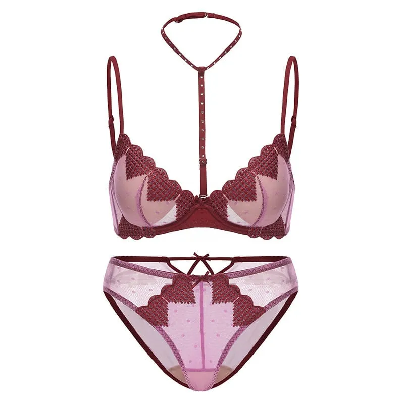 Gothic-Dessous-Set für Damen mit Herzstickerei aus Mesh