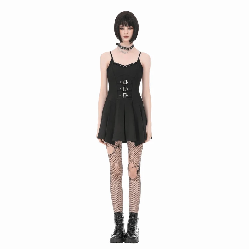Damen-Punk-Kleid mit Nieten, Schnallenträgern und Falten