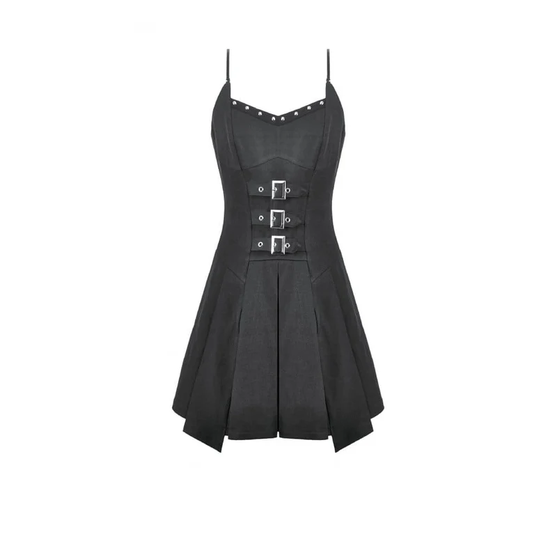 Damen-Punk-Kleid mit Nieten, Schnallenträgern und Falten
