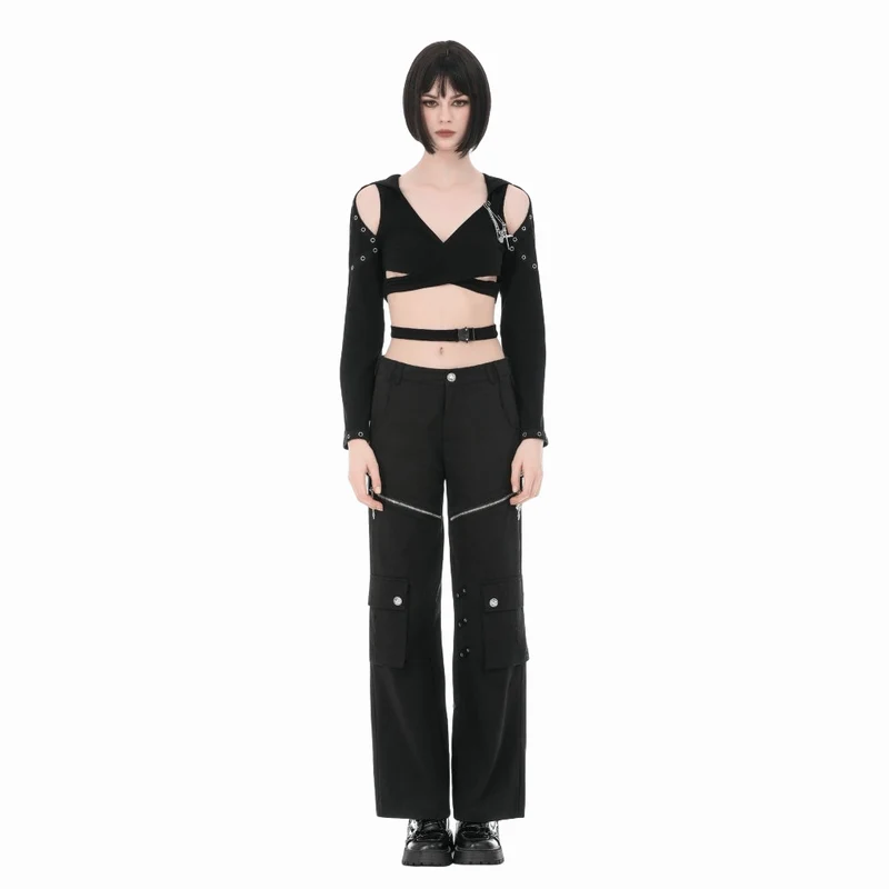 Punk-Damenhose mit Ösen, großer Tasche und Reißverschluss