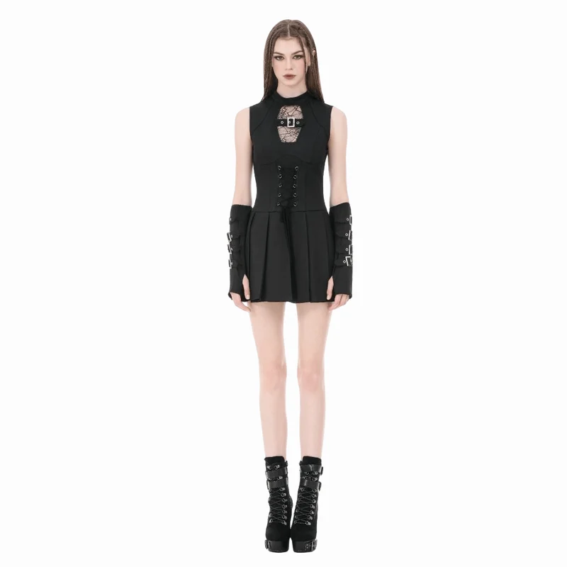 Ärmelloses Punk-Kleid mit Spinnwebenmuster, Mesh-Einsätzen und Schnürung für Damen