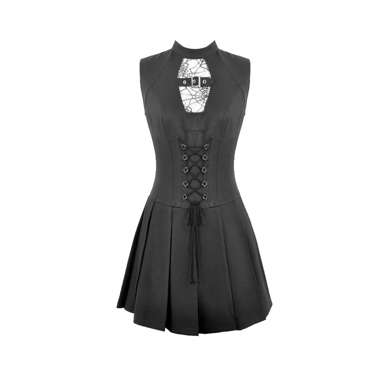 Ärmelloses Punk-Kleid mit Spinnwebenmuster, Mesh-Einsätzen und Schnürung für Damen