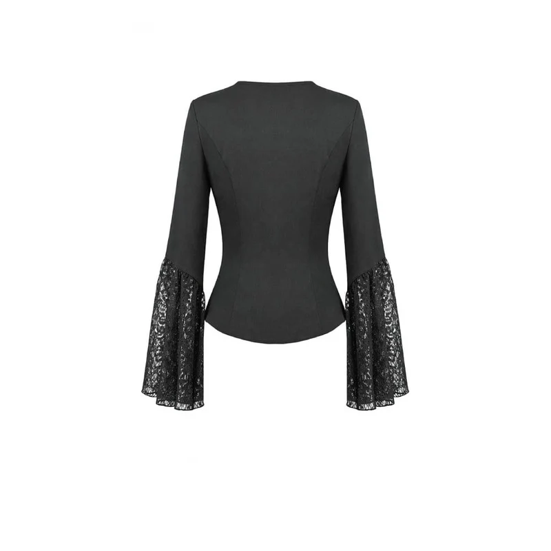 Gothic-Damenbluse mit floralem Spitzen-Patchwork und tiefem Ausschnitt, langen Ärmeln