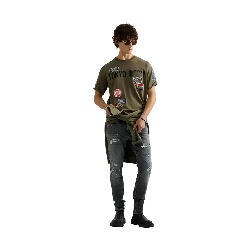 Replay Herren T-Shirt aus grüner Baumwolle, lockere Passform