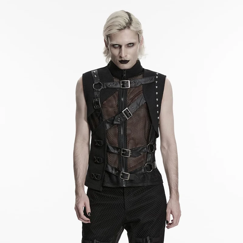 Punk-Weste für Herren mit asymmetrischen Schnallenriemen und Mesh-Einsätzen