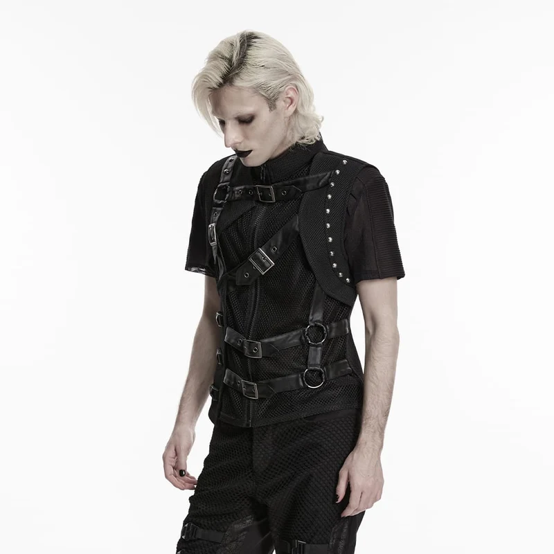 Punk-Weste für Herren mit asymmetrischen Schnallenriemen und Mesh-Einsätzen
