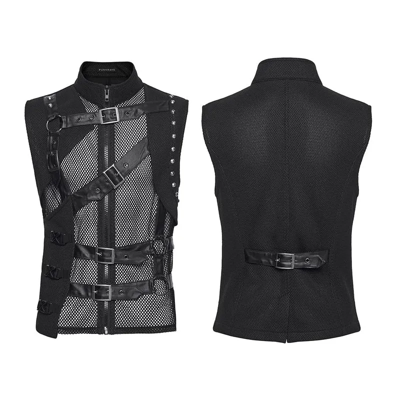 Punk-Weste für Herren mit asymmetrischen Schnallenriemen und Mesh-Einsätzen