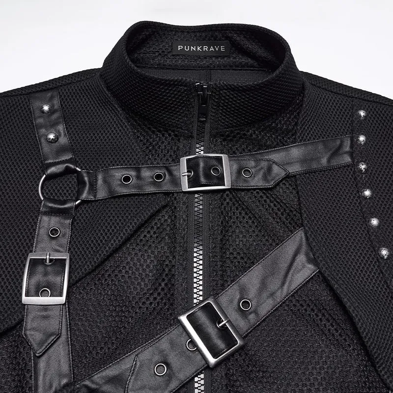 Punk-Weste für Herren mit asymmetrischen Schnallenriemen und Mesh-Einsätzen