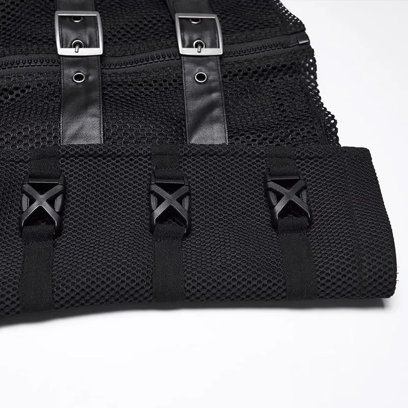 Punk-Weste für Herren mit asymmetrischen Schnallenriemen und Mesh-Einsätzen
