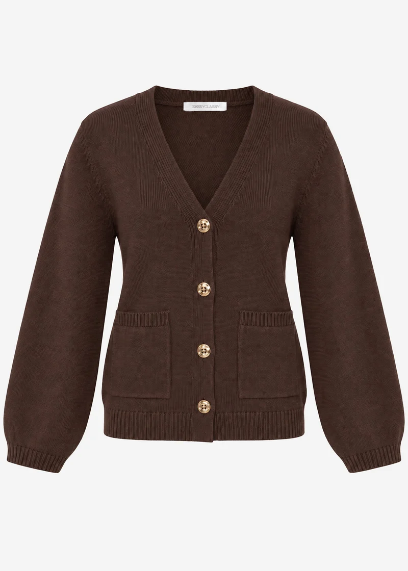 Strickjacke mit V-Ausschnitt und Goldknöpfen - braun