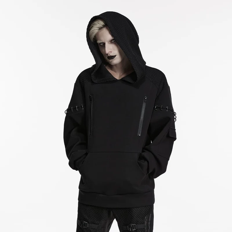 Herren-Kapuzenpullover im Cyberpunk-Stil mit D-Ringen und Reißverschlüssen