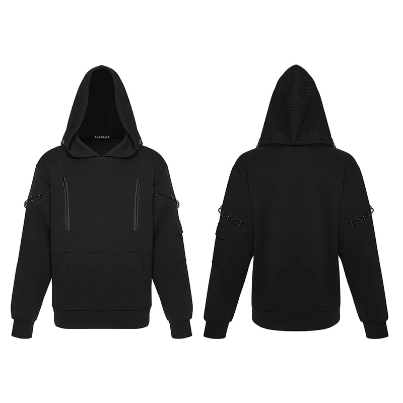 Herren-Kapuzenpullover im Cyberpunk-Stil mit D-Ringen und Reißverschlüssen