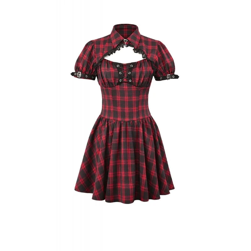 Punk-Kleid für Damen mit Cut-outs, Umlegekragen, Karomuster und kurzen Ärmeln
