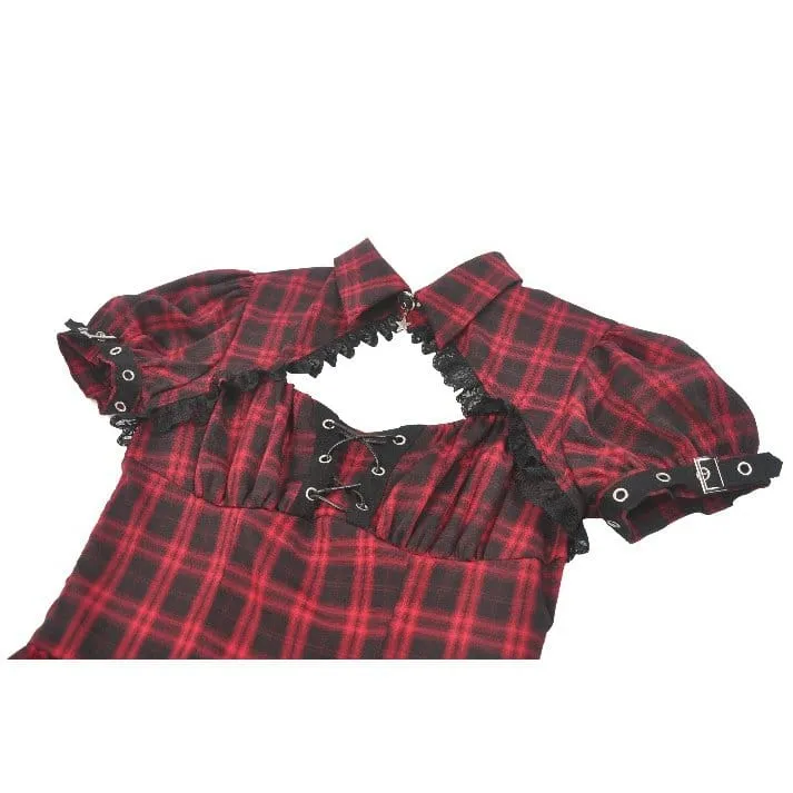 Punk-Kleid für Damen mit Cut-outs, Umlegekragen, Karomuster und kurzen Ärmeln