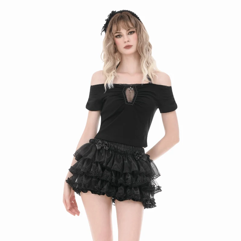 Gothic-Crop-Top für Damen mit gerafftem Kreuzmuster, Neckholder und kurzen Ärmeln