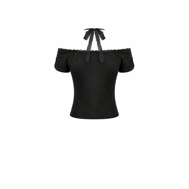 Gothic-Crop-Top für Damen mit gerafftem Kreuzmuster, Neckholder und kurzen Ärmeln
