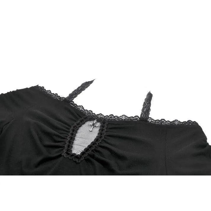 Gothic-Crop-Top für Damen mit gerafftem Kreuzmuster, Neckholder und kurzen Ärmeln