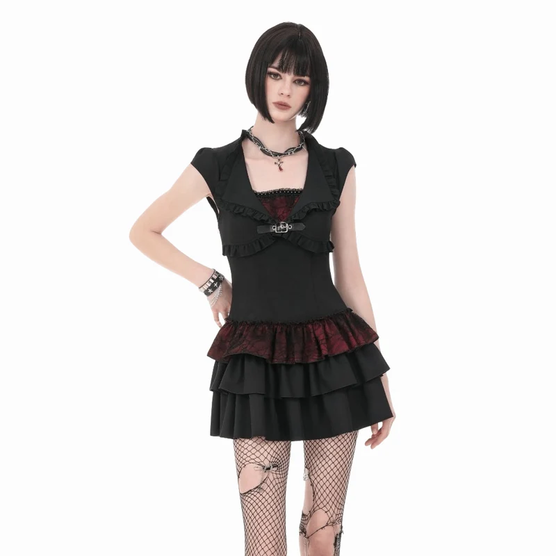 Gothic-Kleid für Damen, zweifarbig, mit Rüschen und kurzen Ärmeln