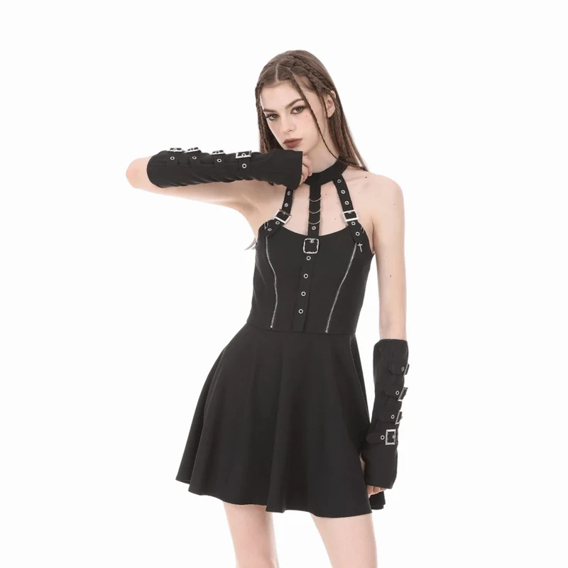 Punk-Neckholderkleid für Damen mit Schnallenriemen, Reißverschlüssen und Trägern