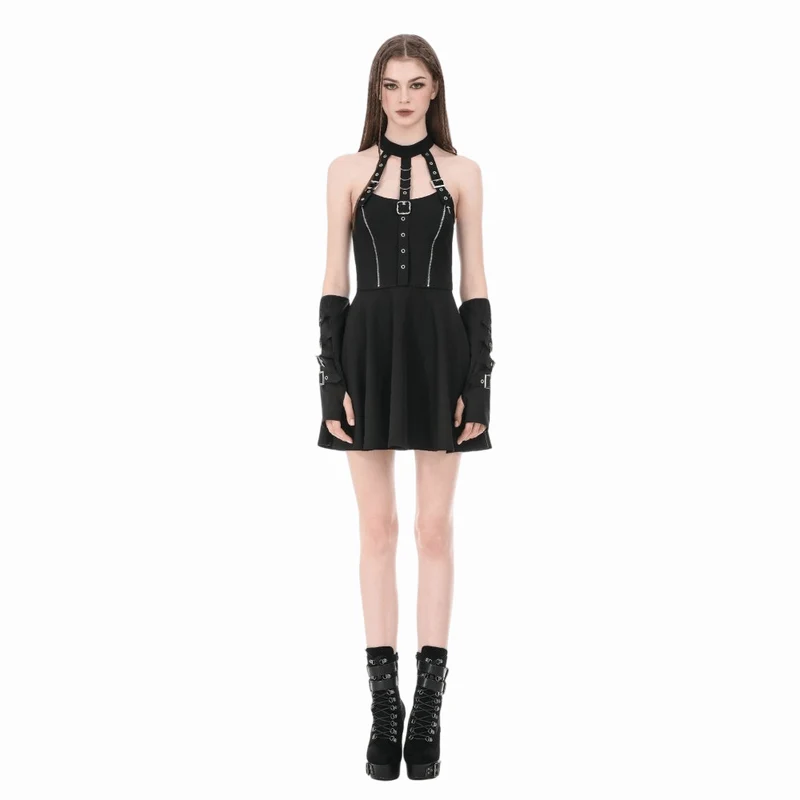 Punk-Neckholderkleid für Damen mit Schnallenriemen, Reißverschlüssen und Trägern