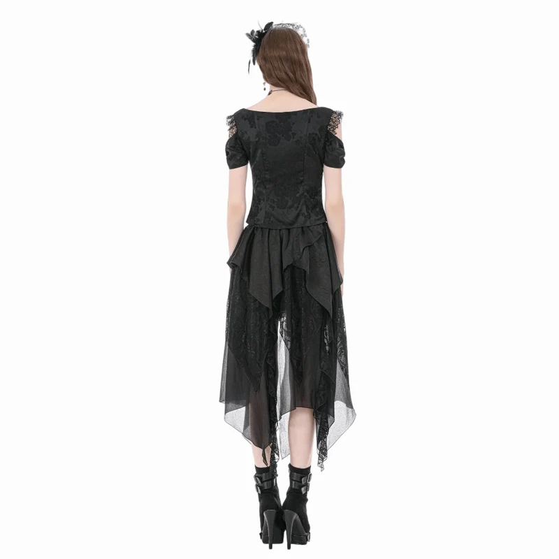 Gothic-Jacquard-Kurzarmhemd mit Rosenausschnitt für Damen