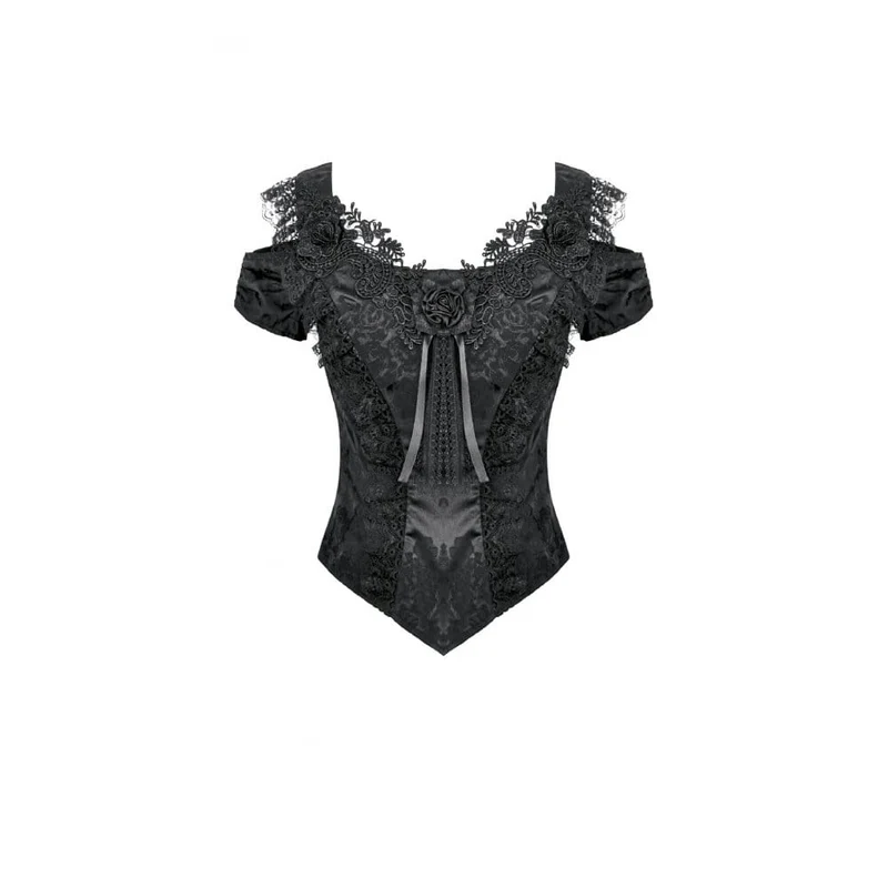 Gothic-Jacquard-Kurzarmhemd mit Rosenausschnitt für Damen