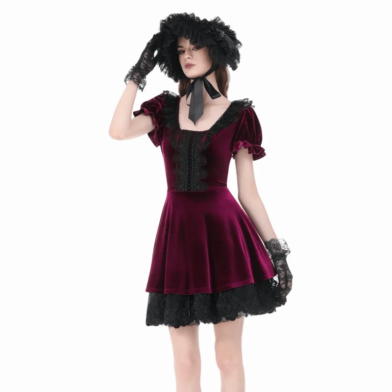 Gothic-Samtkleid für Damen mit Spitzenbesatz, eckigem Kragen und Abschlusskleid