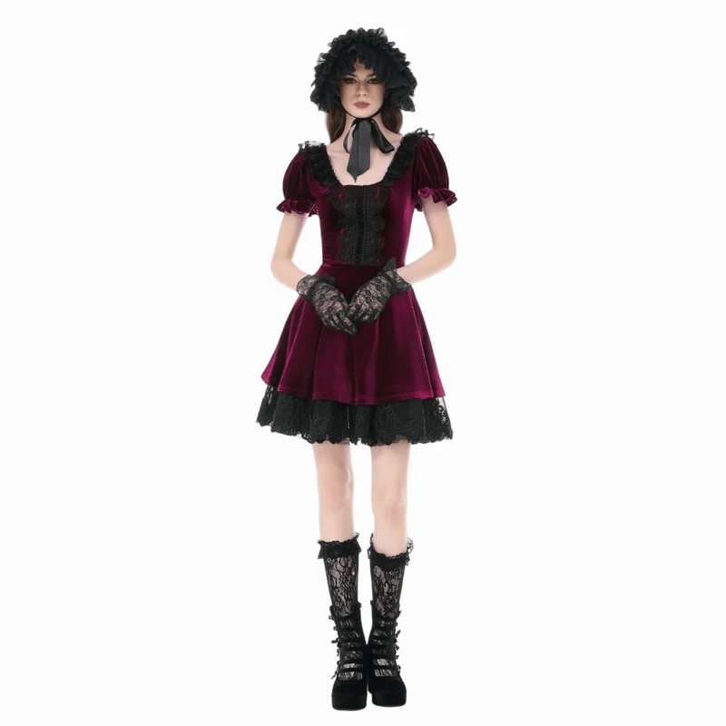 Gothic-Samtkleid für Damen mit Spitzenbesatz, eckigem Kragen und Abschlusskleid