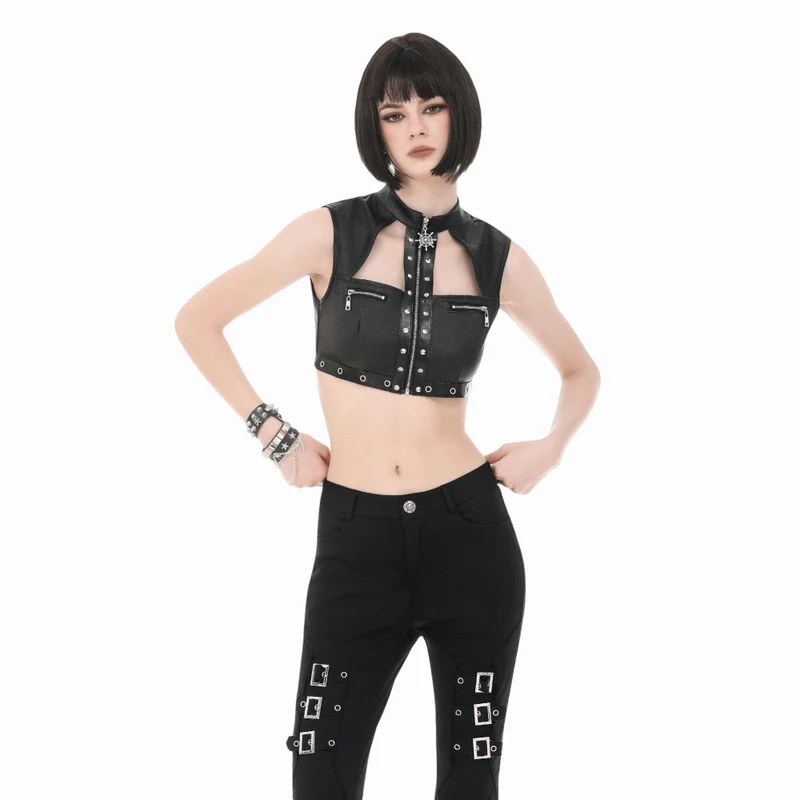 Punk-Crop-Top für Damen mit Ösen, Nieten, Cut-outs und Reißverschluss