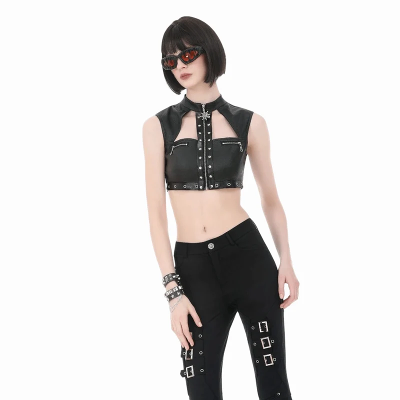 Punk-Crop-Top für Damen mit Ösen, Nieten, Cut-outs und Reißverschluss
