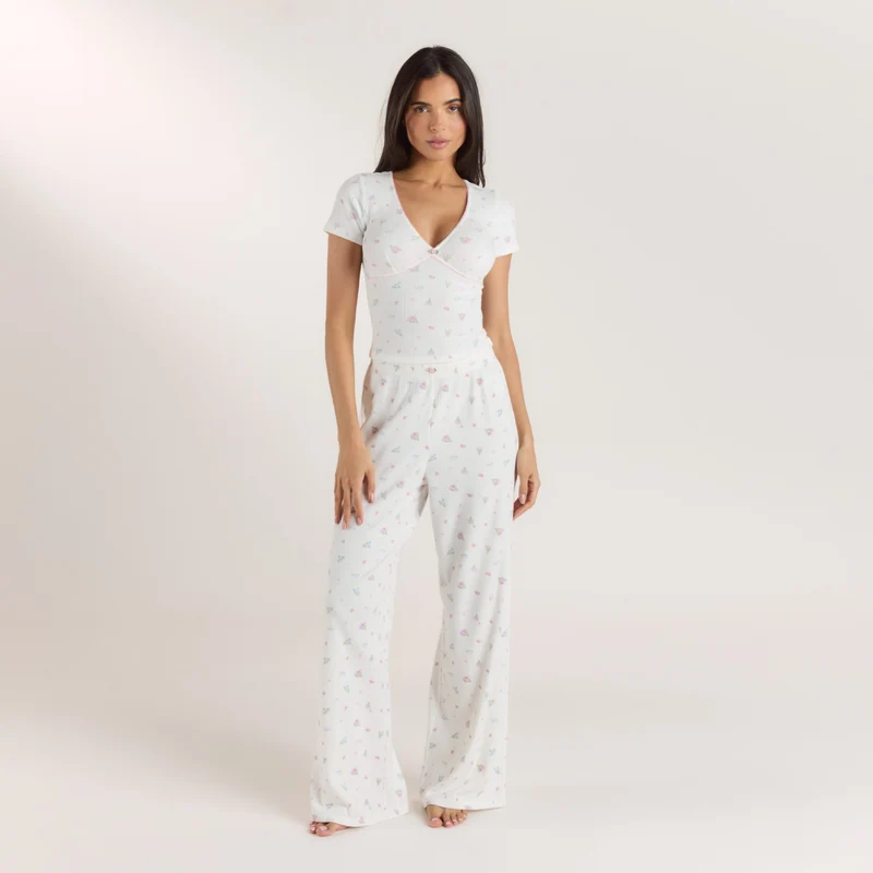 Gerippter, Kurzärmeliger Pyjama Top - Florales Weiß