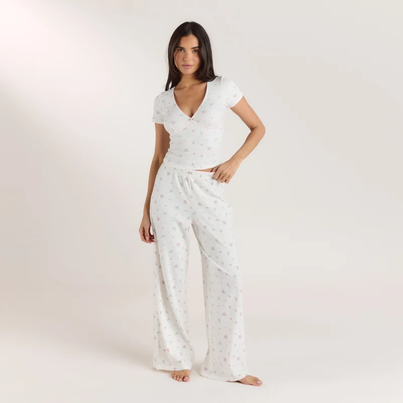 Gerippte Pyjamahosen - Florales Weiß