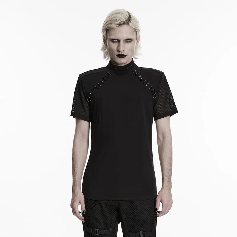Punk-Herren-T-Shirt mit D-Ringen, Mesh-Einsätzen und kurzen Ärmeln