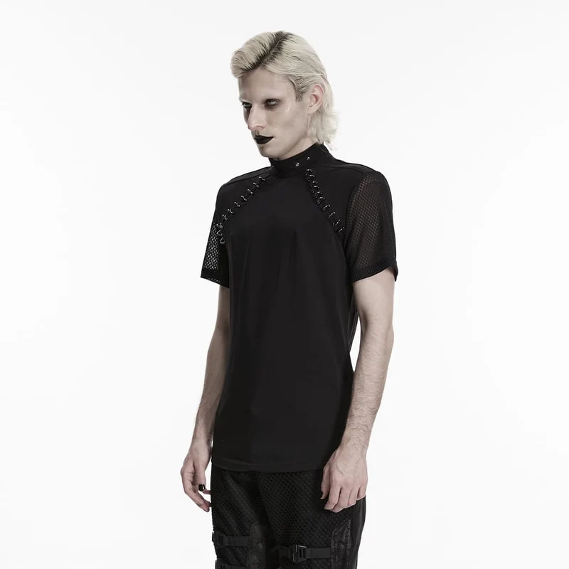 Punk-Herren-T-Shirt mit D-Ringen, Mesh-Einsätzen und kurzen Ärmeln