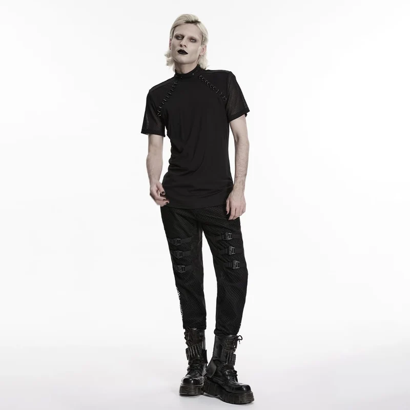 Punk-Herren-T-Shirt mit D-Ringen, Mesh-Einsätzen und kurzen Ärmeln