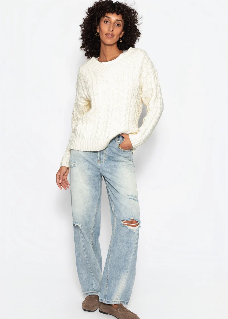 Zopfstrickpullover mit V-Ausschnitt - offwhite