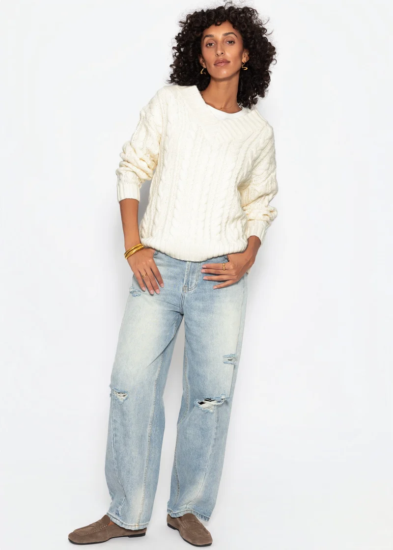 Zopfstrickpullover mit V-Ausschnitt - offwhite