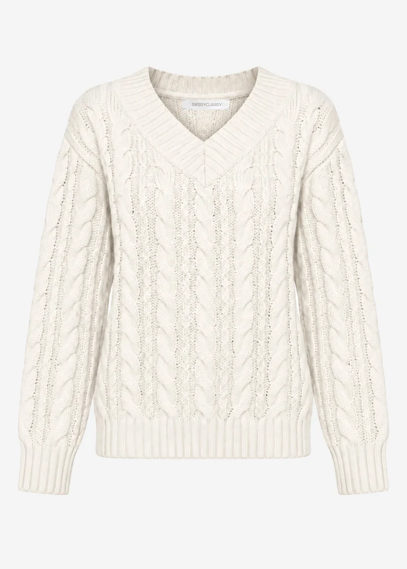 Zopfstrickpullover mit V-Ausschnitt - offwhite