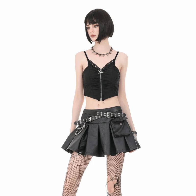 Punk-Bustier für Damen mit Totenkopf-Nieten, Rissen und Raffungen