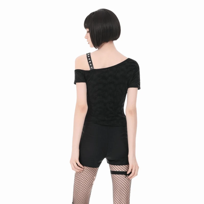 Punk-T-Shirt für Damen mit gekreuzten Trägern, Nieten und asymmetrischem Schnitt, kurzen Ärmeln