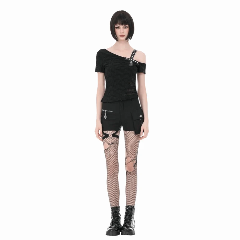 Punk-T-Shirt für Damen mit gekreuzten Trägern, Nieten und asymmetrischem Schnitt, kurzen Ärmeln