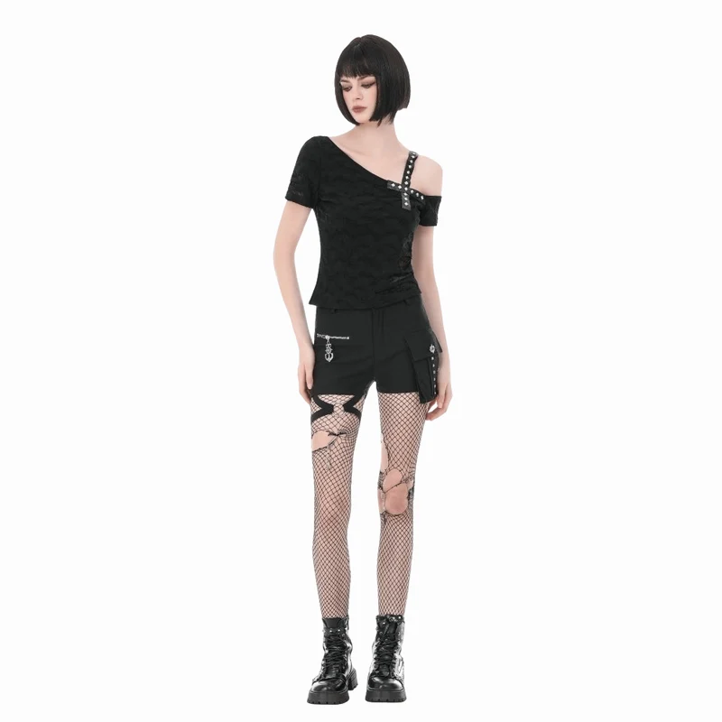 Punk-T-Shirt für Damen mit gekreuzten Trägern, Nieten und asymmetrischem Schnitt, kurzen Ärmeln